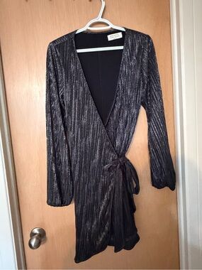 Long-Sleeve Metallic Black Wrap Dress with Tie Waist